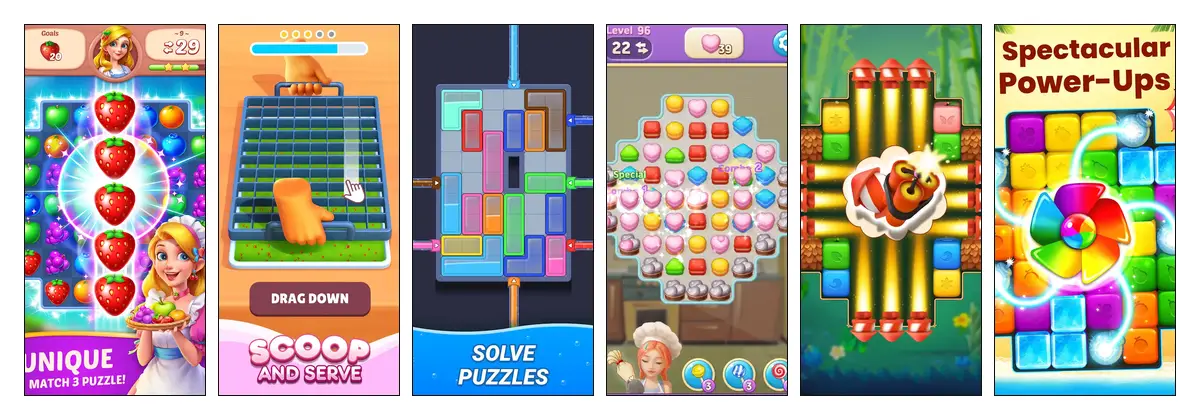 Proof sheet of screenshots from the puzzle games graded in this issue